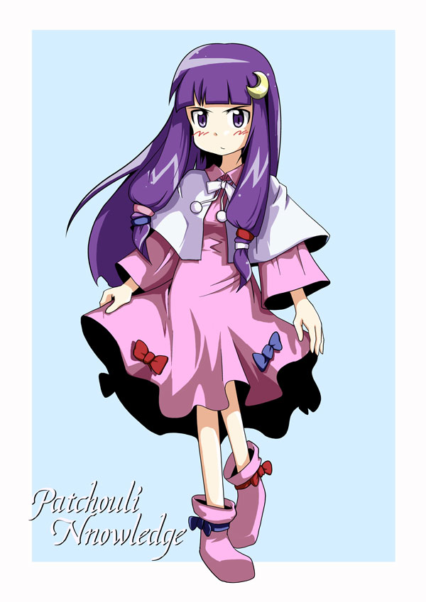 patchouli knowledge, touhou, >:<, 1girl, :<, artistic error, blue background, blue eyes, blush, bow, bowtie, capelet, character name, closed mouth, crescent, crescent hair ornament, dress, female focus, front ponytail, hair ornament, long hair, no headwear, purple dress, purple hair, sidelocks, simple background, slippers, socks, solo, standing, v-shaped eyebrows