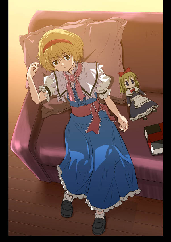 haniwa, haniwa (leaf garden), alice margatroid, shanghai doll, touhou, 1girl, blonde hair, book, brown eyes, capelet, couch, dress, female focus, from above, hairband, pillarboxed, pillow, short hair, sitting, solo, yellow eyes