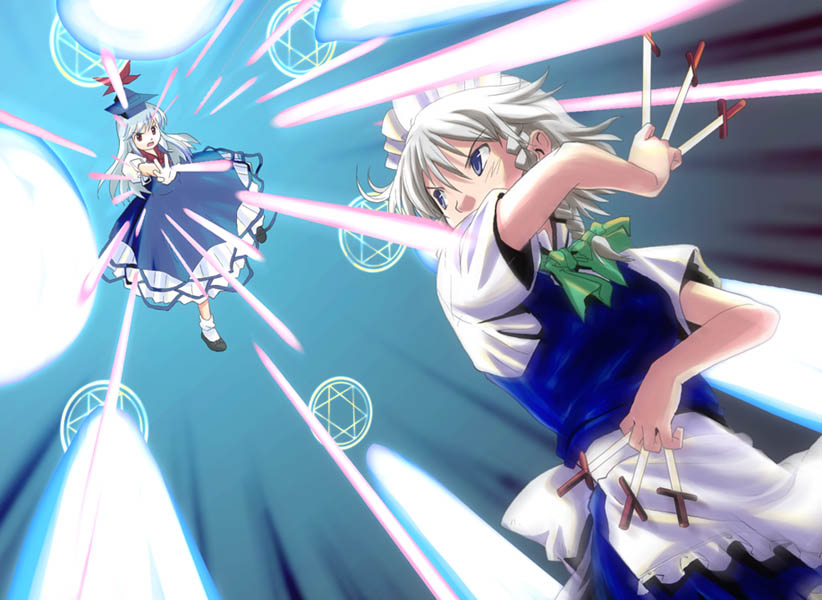 haniwa, haniwa (leaf garden), izayoi sakuya, kamishirasawa keine, imperishable night, touhou, 2girls, apron, aqua background, battle, between fingers, blue dress, braid, danmaku, dress, female focus, frills, hexagram, holding, knife, maid, maid apron, maid headdress, multiple girls, short hair, star of david, white hair