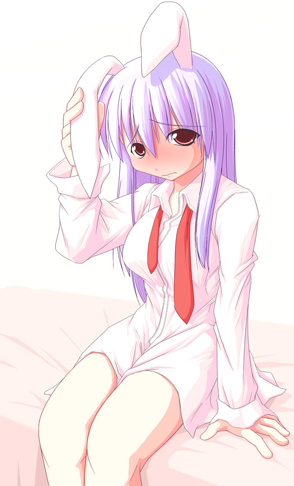 kurikara, reisen udongein inaba, touhou, 1girl, animal ears, arm support, blush, bottomless, breasts, dress shirt, embarrassed, female focus, frown, full-face blush, hand on own ear, long hair, looking at viewer, necktie, on bed, purple hair, rabbit ears, red eyes, red necktie, shirt, simple background, sitting, solo, undone necktie, wavy mouth, white background