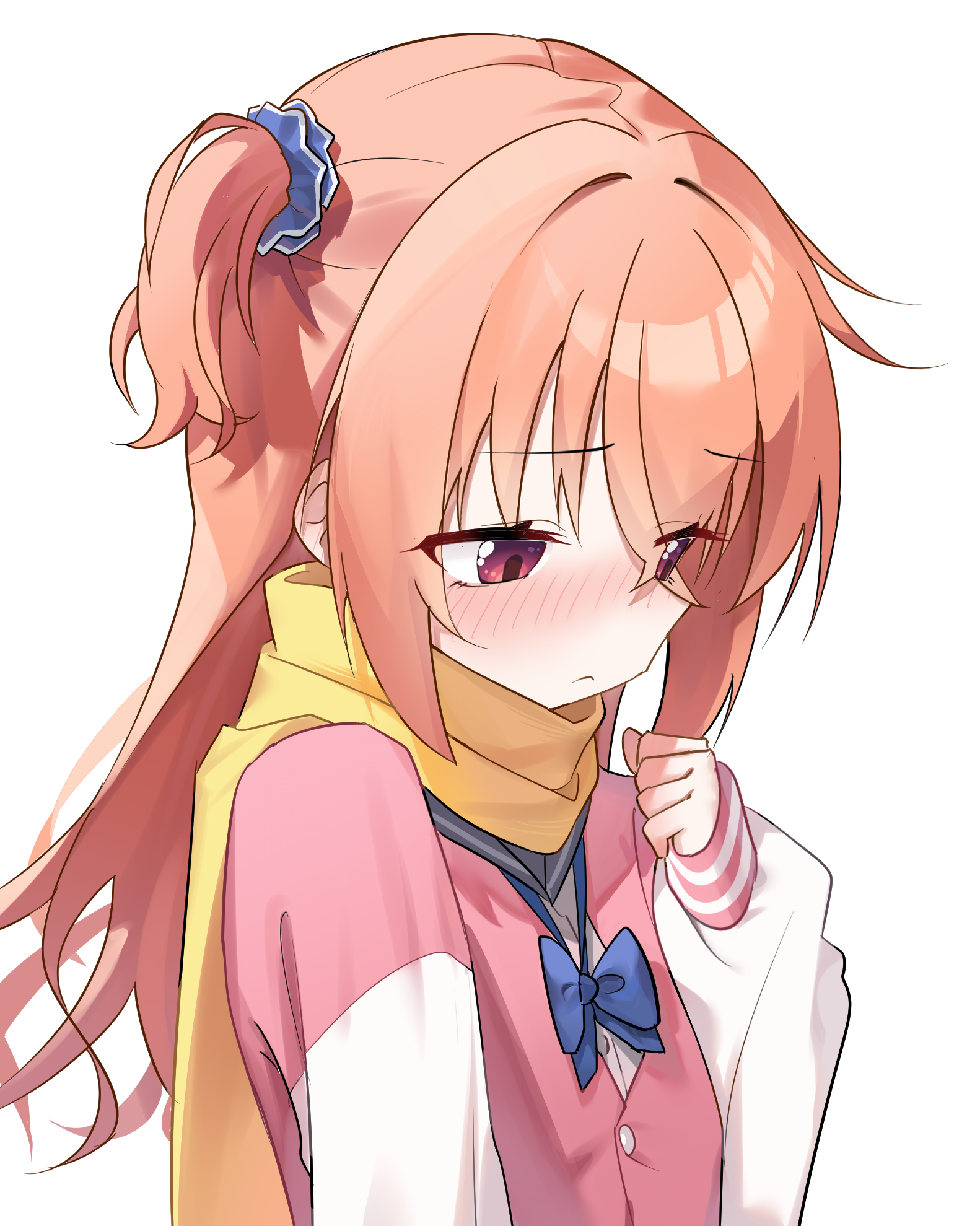 lcz, inaba meguru, sanoba witch, commentary, highres, symbol-only commentary, 1girl, :<, averting eyes, blue bow, blue bowtie, blue scrunchie, bow, bowtie, clenched hand, closed mouth, eyes visible through hair, grey sailor collar, hair between eyes, hair ornament, hair scrunchie, hand up, jacket, letterman jacket, long hair, looking to the side, one side up, orange hair, pink jacket, red eyes, sailor collar, scarf, school uniform, scrunchie, serafuku, shy, sidelocks, simple background, sleeves past wrists, solo, upper body, white background, white sleeves, yellow scarf