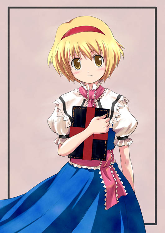 haniwa, haniwa (leaf garden), alice margatroid, touhou, 1girl, blonde hair, blush, book, brown eyes, female focus, hairband, holding, holding book, hugging book, hugging object, light smile, short hair, simple background, solo, upper body