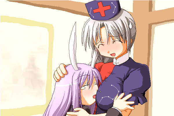 kurikara, reisen udongein inaba, yagokoro eirin, touhou, light purple hair, 2girls, :d, ^ ^, animal ears, blush, breast pillow, breasts, closed eyes, female focus, full-face blush, hand on another's head, hat, hug, indoors, long hair, multiple girls, nurse cap, oekaki, open mouth, rabbit ears, smile, sweatdrop, tearing up, tears, upper body, white hair