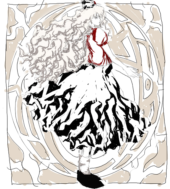 yagokoro eirin, touhou, sepia background, 1girl, curly hair, dress, female focus, hat, long hair, monochrome, shoes, sketch, solo, spot color