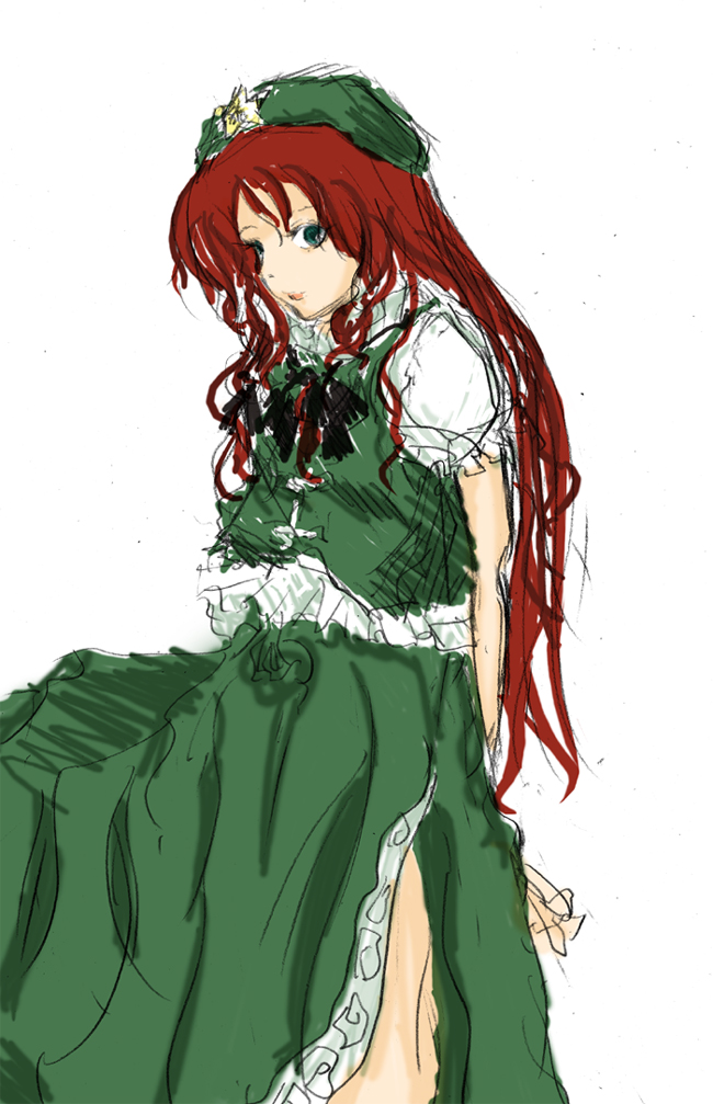 hong meiling, embodiment of scarlet devil, touhou, 1girl, arms behind back, blue eyes, bow, braid, china dress, chinese clothes, dress, female focus, hair bow, hat, long hair, own hands clasped, own hands together, red hair, sketch, solo, star (symbol), twin braids