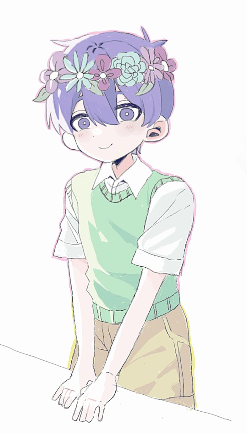 my loleeta, omori, highres, 1boy, antenna hair, blush, bright pupils, brown shorts, closed mouth, collared shirt, double-parted bangs, flower, green sweater vest, hair between eyes, head wreath, looking at viewer, purple eyes, purple hair, shirt, short sleeves, shorts, simple background, smile, solo, sweater vest, white background, white pupils, white shirt