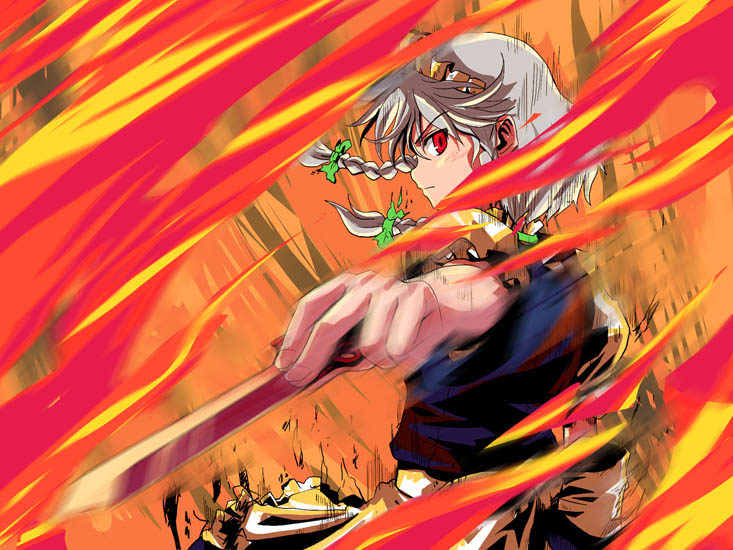 haniwa, haniwa (leaf garden), izayoi sakuya, touhou, silver hair, >:(, 1girl, apron, blue dress, bow, braid, dress, female focus, fire, foreshortening, from behind, frown, hair bow, knife, looking at viewer, looking back, maid, maid apron, maid headdress, motion blur, puffy sleeves, red eyes, solo, twin braids, upper body, v-shaped eyebrows, vest