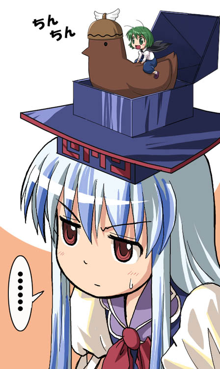 haniwa, haniwa (leaf garden), kamishirasawa keine, mystia lorelei, mystia lorelei (bird), wriggle nightbug, touhou, silver hair, translated, 2girls, antennae, bird, blue hair, cape, chicken, female focus, green eyes, green hair, hat, long hair, mini person, minigirl, multicolored hair, multiple girls, red eyes, short hair