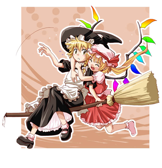 haniwa, haniwa (leaf garden), flandre scarlet, kirisame marisa, embodiment of scarlet devil, touhou, 2girls, blonde hair, braid, broom, broom riding, closed eyes, female focus, hat, mob cap, multiple girls, sidesaddle, wings, witch hat