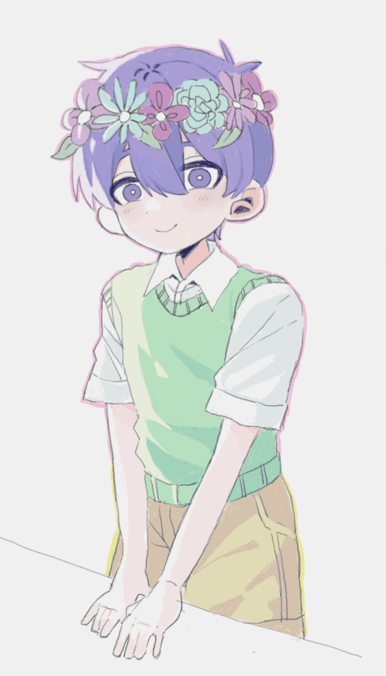 my loleeta, omori, highres, revision, 1boy, antenna hair, blush, bright pupils, brown shorts, closed mouth, collared shirt, double-parted bangs, flower, green sweater vest, hair between eyes, head wreath, looking at viewer, purple eyes, purple hair, shirt, short sleeves, shorts, simple background, smile, solo, sweater vest, white background, white pupils, white shirt