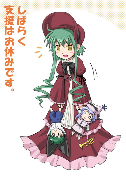 haniwa, haniwa (leaf garden), maybell (thought of dolls), merlin prismriver, wriggle nightbug, thought of dolls, touhou, 1girl, antennae, cape, doll, dress, female focus, green hair, hat, instrument, long hair, purple hair, solo, trumpet