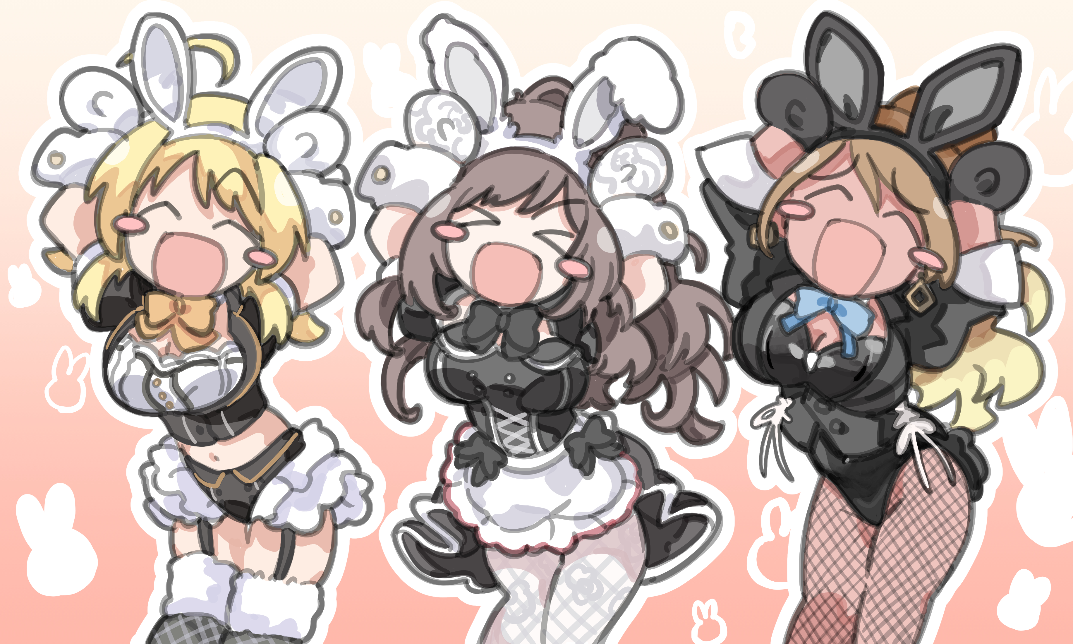 hachimiya meguru, izumi mei, tsukioka kogane, idolmaster, idolmaster shiny colors, absurdres, commentary request, highres, > <, 3girls, ^ ^, ahoge, animal ear hairband, animal ears, arms up, black garter straps, black gloves, black pantyhose, blonde hair, blush stickers, breasts, brown hair, caramelldansen, closed eyes, dancing, dated commentary, fake animal ears, feet out of frame, fishnet pantyhose, fishnets, fur-trimmed thighhighs, fur trim, garter straps, gloves, gradient hair, hairband, large breasts, multicolored hair, multiple girls, outline, pantyhose, rabbit background, rabbit ear hairband, rabbit ears, rabbit pose, smile, thighhighs, white gloves, white outline, white pantyhose, wrist cuffs, yume wa hoikuenji