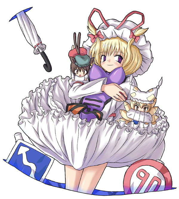 chen, yakumo ran, yakumo yukari, touhou, 3girls, animal ears, blonde hair, brown hair, cat ears, cat girl, cat tail, closed umbrella, earrings, female focus, fox tail, gap (touhou), hat, jewelry, multiple girls, multiple tails, purple eyes, sign, single earring, tabard, tail, trigram, umbrella