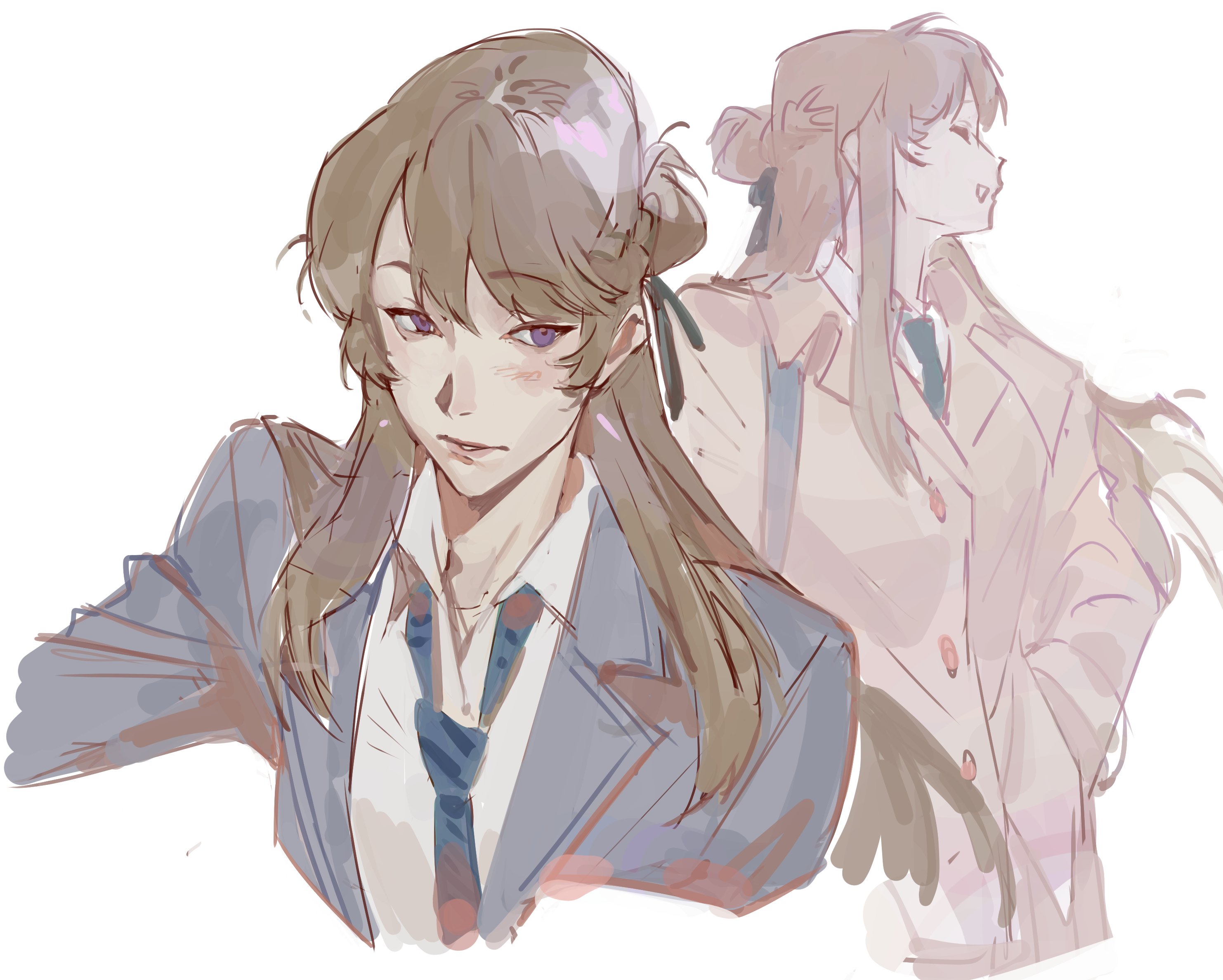 sendai hazuki, shuuniichido classmate wo kau hanashi, commentary, english commentary, highres, 1girl, blue necktie, brown coat, brown hair, coat, grey jacket, jacket, long hair, multiple views, necktie, open mouth, purple eyes, school uniform, sidelocks, simple background, smallpp, white background