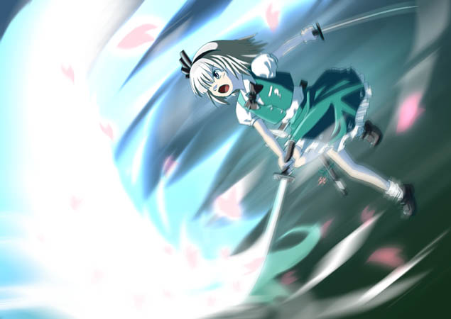 haniwa (leaf garden), konpaku youmu, touhou, 1girl, attack, dual wielding, female focus, flower, frilled skrit, full body, grey hair, hair over one eye, holding, katana, legs, midair, motion blur, one eye covered, open mouth, petals, shoes, short hair, skirt, slashing, socks, solo, sword, weapon, white hair