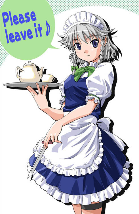 haniwa, haniwa (leaf garden), izayoi sakuya, touhou, 1girl, braid, cup, english text, female focus, knife, maid, simple background, solo, tea, teacup, throwing knife, twin braids, weapon, white background