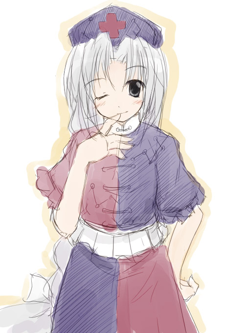 yagokoro eirin, touhou, 1girl, dress, female focus, hand on own hip, nurse, simple background, sketch, solo, two-tone dress, white background