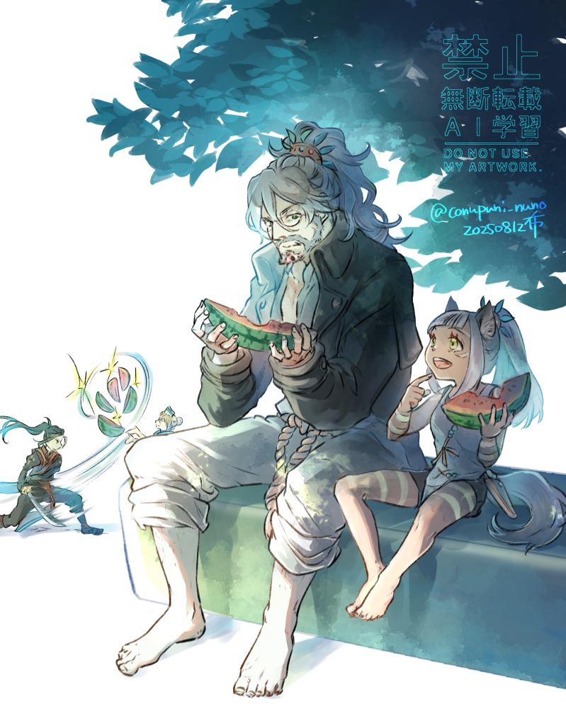 castti florenz, hikari ku, ochette (octopath traveler), osvald v. vanstein, octopath traveler, octopath traveler ii, commentary request, 2boys, 2girls, artist name, barefoot, beard, conupuni nuno, dated, facial hair, food, fruit, glasses, green eyes, high ponytail, holding, holding food, holding fruit, holding sword, holding weapon, looking at another, mature male, multiple boys, multiple girls, open mouth, ponytail, sitting, slicing, smile, sparkle, sword, twitter username, watermark, watermelon, watermelon slice, weapon