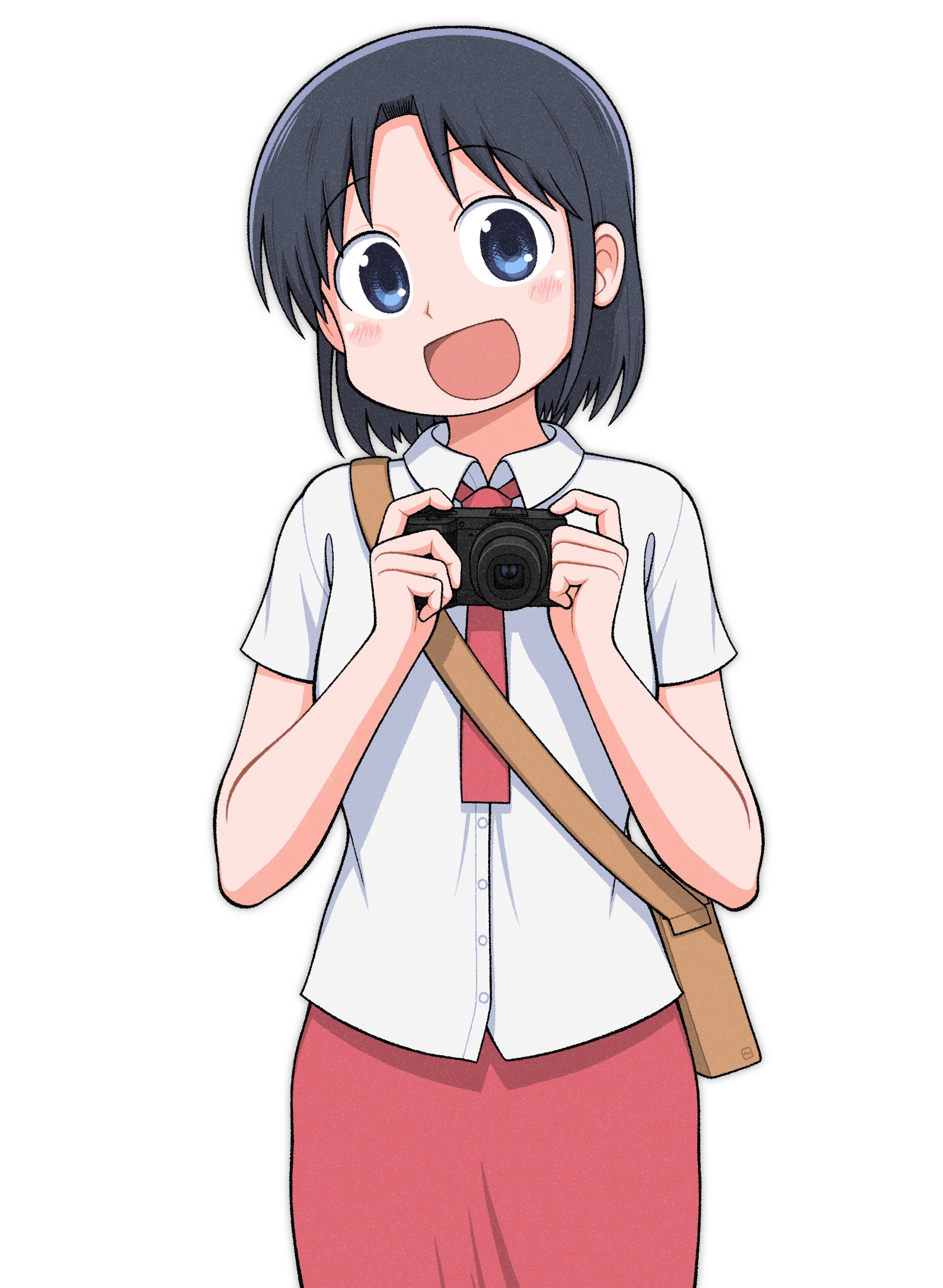 dokadayo, izumi wako, city (arawi keiichi), absurdres, highres, 1girl, black hair, blue eyes, blush, brown bag, buttons, camera, collared shirt, digital camera, holding, holding camera, looking at viewer, necktie, open mouth, red necktie, red skirt, shirt, short hair, short sleeves, simple background, skirt, smile, solo, white background, white shirt