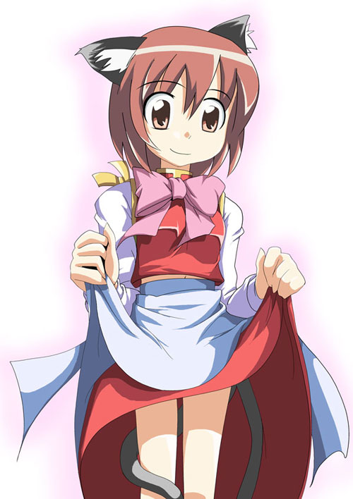 chen, touhou, 1girl, animal ears, apron, brown eyes, brown hair, cat ears, cat girl, cat tail, clothes lift, female focus, lifting own clothes, multiple tails, no headwear, short hair, skirt, skirt lift, smile, solo, tail