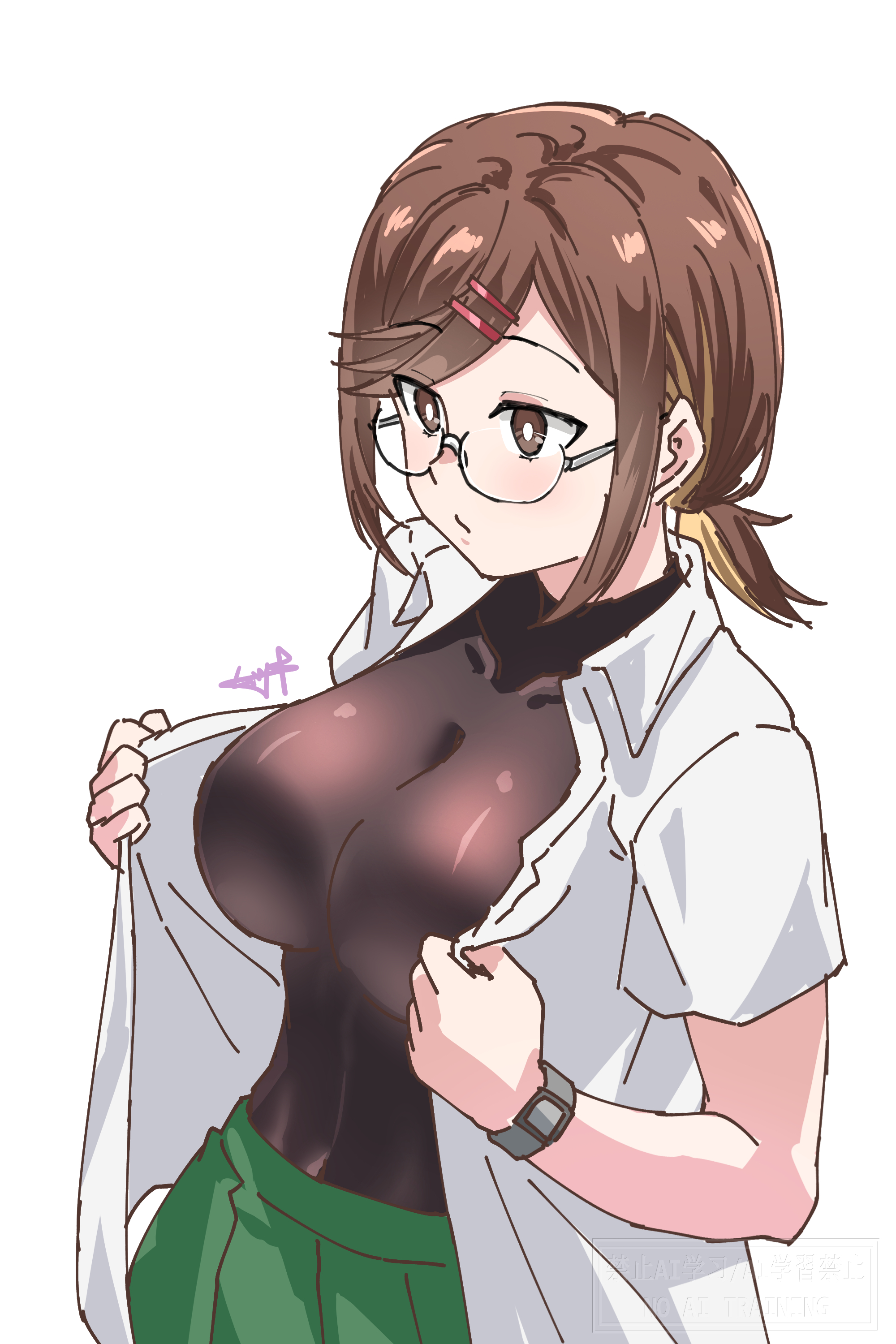 mutsuki (mutsuki0110), koga konoha, ninja to koroshiya no futarigurashi, absurdres, commentary, english commentary, highres, 1girl, black shirt, breasts, brown eyes, brown hair, green skirt, hair ornament, hairclip, impossible clothes, large breasts, low ponytail, open clothes, open shirt, pleated skirt, ponytail, shirt, short hair, short ponytail, signature, simple background, skirt, solo, watch, white background, white shirt, wristwatch