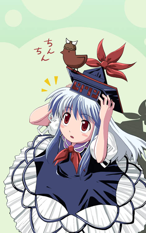haniwa, haniwa (leaf garden), kamishirasawa keine, mystia lorelei, mystia lorelei (bird), touhou, 1girl, animal, animal on head, bird, bird on head, blue hair, chicken, female focus, hat, on head, red eyes, solo, tokin hat