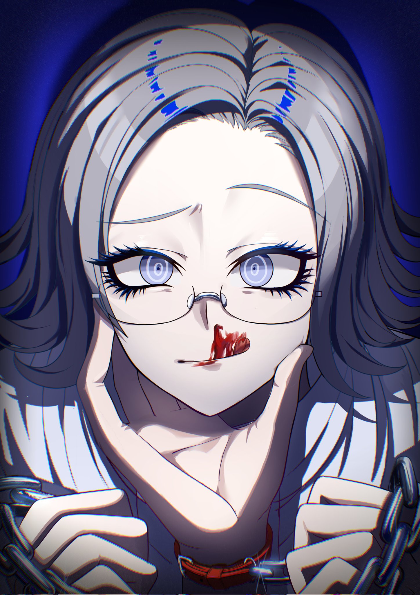 aotsuki eito, the hundred line -last defense academy-, commentary request, highres, 1boy, 1other, blood, blood on face, blue background, chain, chain leash, collar, dongur1 0606, eyelashes, glasses, grey hair, holding, holding chain, jacket, leash, licking blood, looking at viewer, male focus, nosebleed, portrait, pov, pov hands, purple eyes, short hair, solo focus, tongue, tongue out, viewer on leash, white jacket