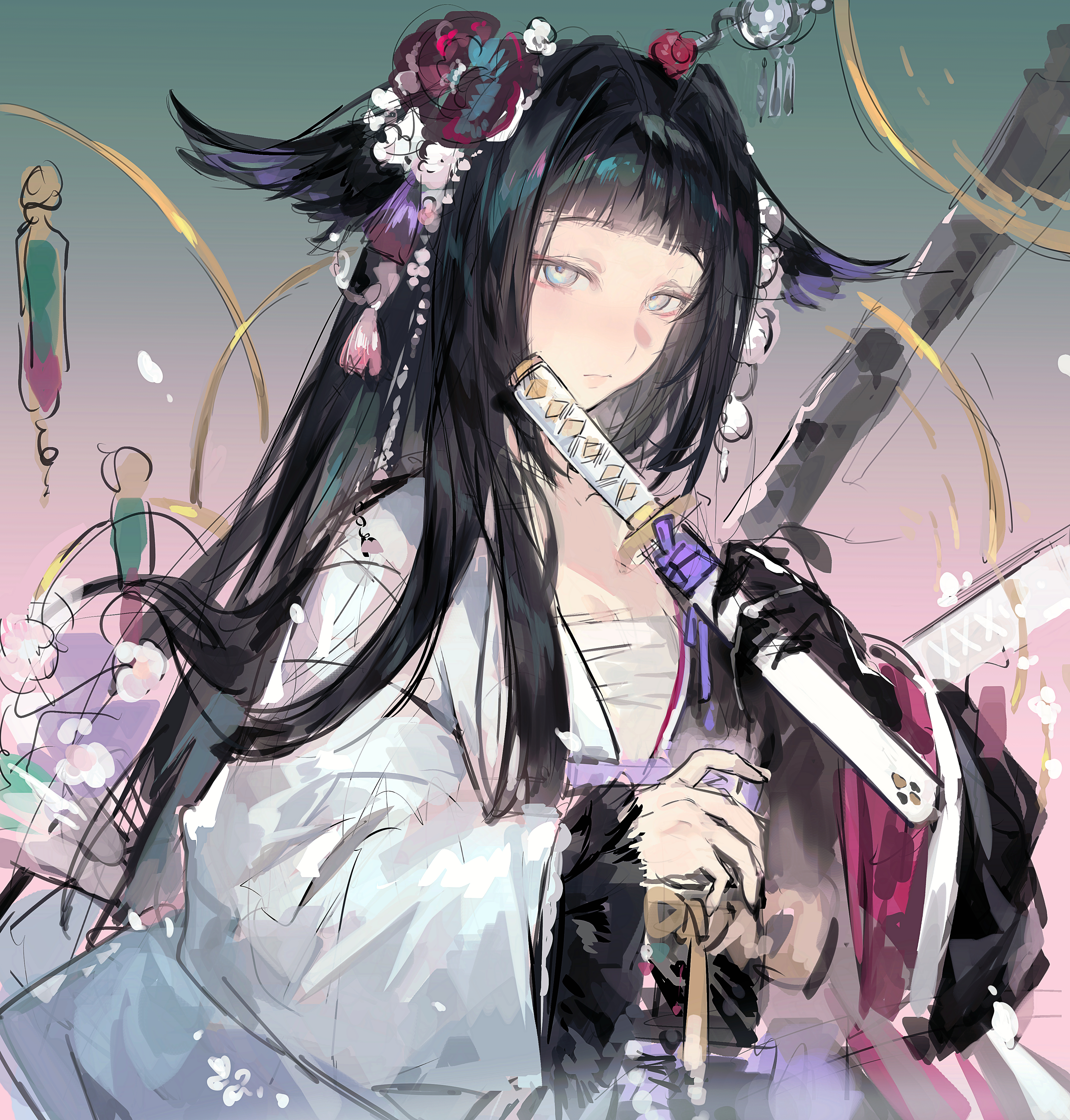xiangchizhubijin, mio (arknights), arknights, absurdres, chinese commentary, commentary, highres, 1girl, animal ears, black hair, blunt bangs, expressionless, gradient background, green background, grey eyes, grey kimono, hair ornament, hand up, holding, holding sword, holding weapon, japanese clothes, kimono, long hair, long sidelocks, looking at viewer, sarashi, sheath, sheathed, short sword, sidelocks, sketch, solo, sword, tantou, tassel, tassel hair ornament, upper body, weapon, wide sleeves