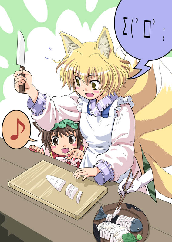 haniwa, haniwa (leaf garden), chen, yakumo ran, yakumo yukari, touhou, 2girls, animal ears, apron, blonde hair, blush stickers, brown eyes, brown hair, cat ears, cat girl, cat tail, chopsticks, cooking, emoticon, fang, female focus, fingernails, fish, fish (food), food, fox ears, fox tail, gap (touhou), kitchen knife, kitsune, knife, kyuubi, long sleeves, multiple girls, multiple tails, musical note, nail (hardware), nail polish, pink nails, plate, quaver, sashimi, spoken musical note, surprised, tail, yellow eyes