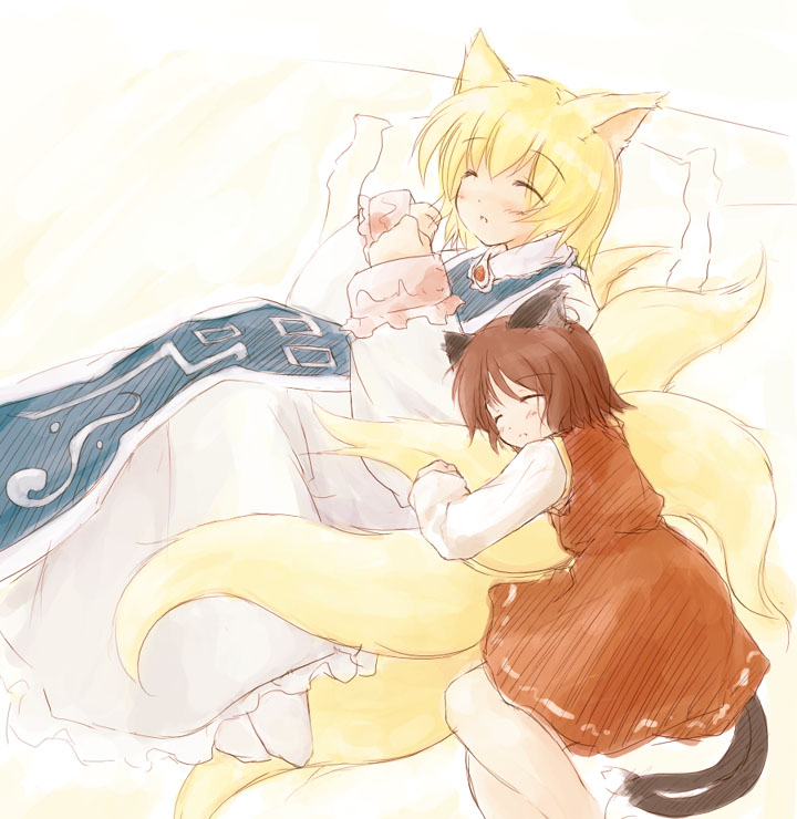 chen, yakumo ran, touhou, 2girls, animal ears, blonde hair, cat ears, cat girl, cat tail, closed eyes, earrings, female focus, fox ears, fox tail, hug, hugging another's tail, hugging tail, jewelry, kitsune, kyuubi, multiple girls, multiple tails, no headwear, sleeping, tabard, tail