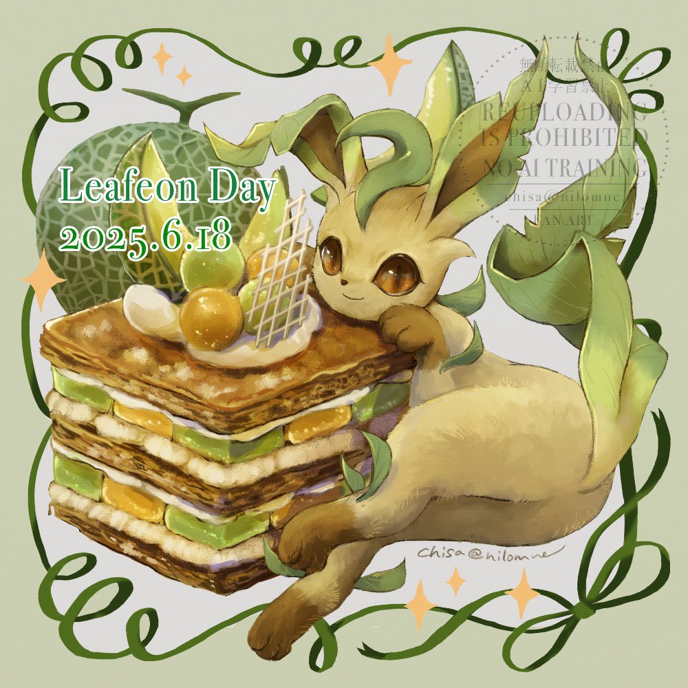 momomo12, leafeon, nintendo, pokemon, commentary request, brown eyes, closed mouth, food, fruit, gen 4 pokemon, looking at viewer, lying, melon, no humans, pokemon (creature), smile, solo, twitter username