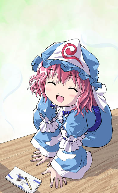 haniwa, haniwa (leaf garden), saigyouji yuyuko, touhou, 1girl, :d, ^ ^, arm support, blush, closed eyes, female focus, food, hat, head tilt, japanese clothes, kimono, looking at viewer, open mouth, outdoors, pink hair, plate, sitting, smile, solo, triangular headpiece, veil, veranda, wagashi, wide sleeves