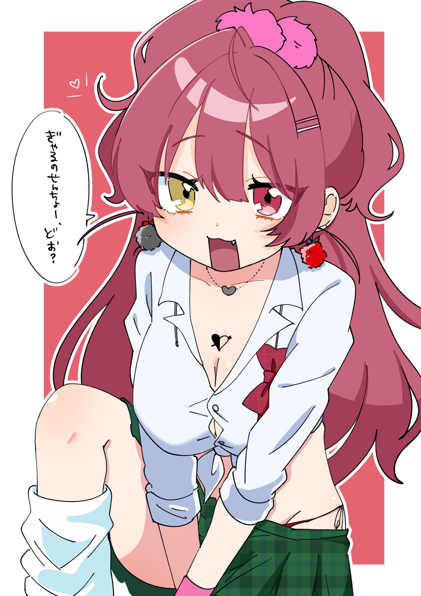 09hkr, houshou marine, hololive, commentary, highres, translated, 1girl, :3, alternate costume, breasts, chest tattoo, cleavage, earrings, fang, green skirt, gyaru, hair between eyes, hair ornament, hairclip, heart, heart necklace, heart tattoo, heterochromia, jewelry, large breasts, long hair, long sleeves, looking at viewer, loose socks, miniskirt, necklace, open mouth, outline, plaid clothes, plaid skirt, pom pom (clothes), pom pom earrings, ponytail, red background, red eyes, red hair, simple background, skirt, sleeves rolled up, socks, solo, tattoo, unmoving pattern, v arms, very long hair, virtual youtuber, white outline, wristband, yellow eyes