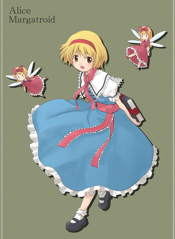 haniwa (leaf garden), alice margatroid, hourai doll, shanghai doll, touhou, 1girl, blonde hair, book, bow, brown eyes, character name, doll, female focus, hair bow, hairband, mary janes, shoes, simple background, socks, solo, wings