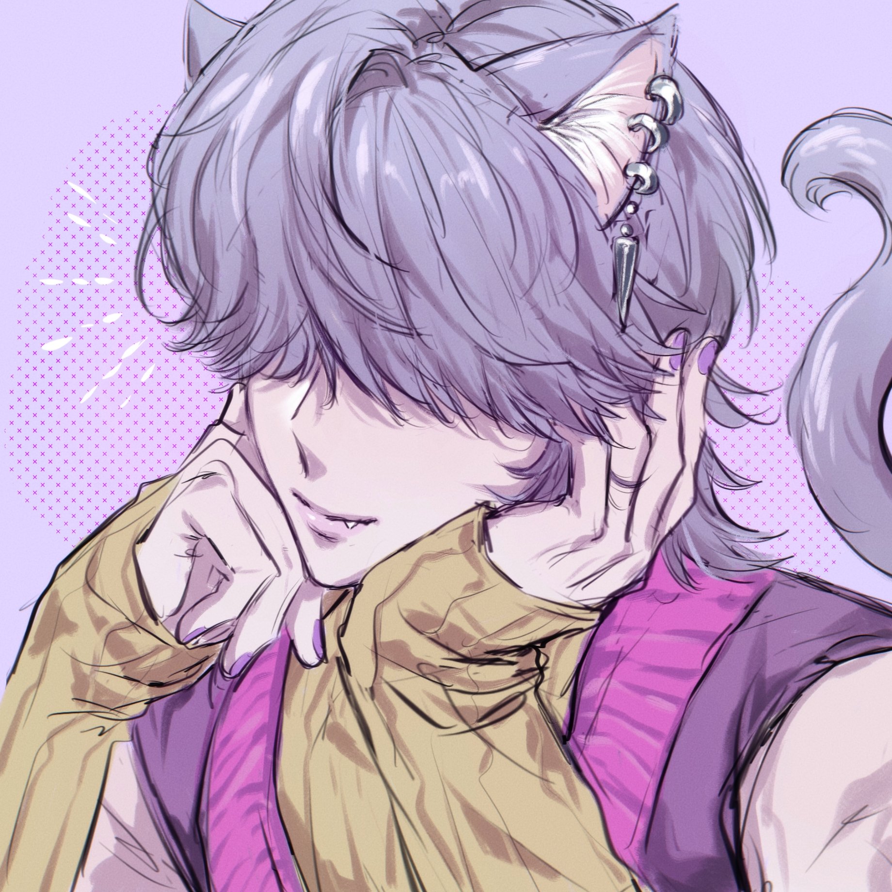 1008 redd, mystery (kpop demon hunter), kpop demon hunters, 1boy, animal ears, ear piercing, earrings, fang, hair over eyes, jewelry, piercing, purple background, purple hair, purple nails, screentones, smile, solo, tail