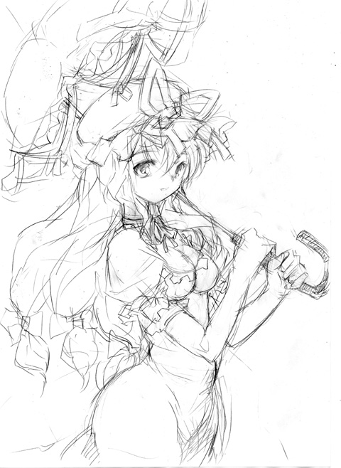 yakumo yukari, touhou, 1girl, elbow gloves, female focus, gloves, greyscale, lineart, monochrome, parasol, sketch, solo, umbrella