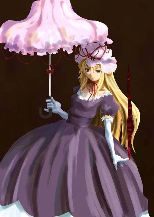 haniwa, haniwa (leaf garden), yakumo yukari, touhou, 1girl, blonde hair, dress, elbow gloves, female focus, gap (touhou), gloves, hat, long hair, purple eyes, ribbon, solo, umbrella, white gloves