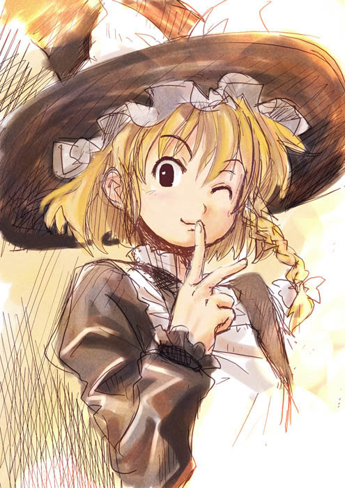 haniwa, haniwa (leaf garden), kirisame marisa, touhou, 1girl, blonde hair, bow, braid, female focus, finger to mouth, hair bow, hat, one eye closed, single braid, solo, upper body, witch hat