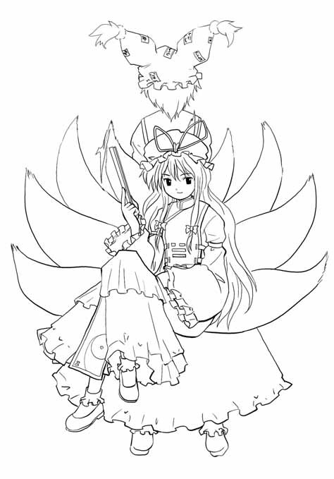 haniwa, haniwa (leaf garden), yakumo ran, yakumo yukari, touhou, 2girls, animal hat, back-to-back, bow, crossed legs, female focus, fox tail, greyscale, hair bow, hat, hat ribbon, lineart, long hair, long sleeves, mob cap, monochrome, multiple girls, multiple tails, ribbon, shoes, short hair, sitting, smile, socks, tabard, tail, trigram, white background, wide sleeves