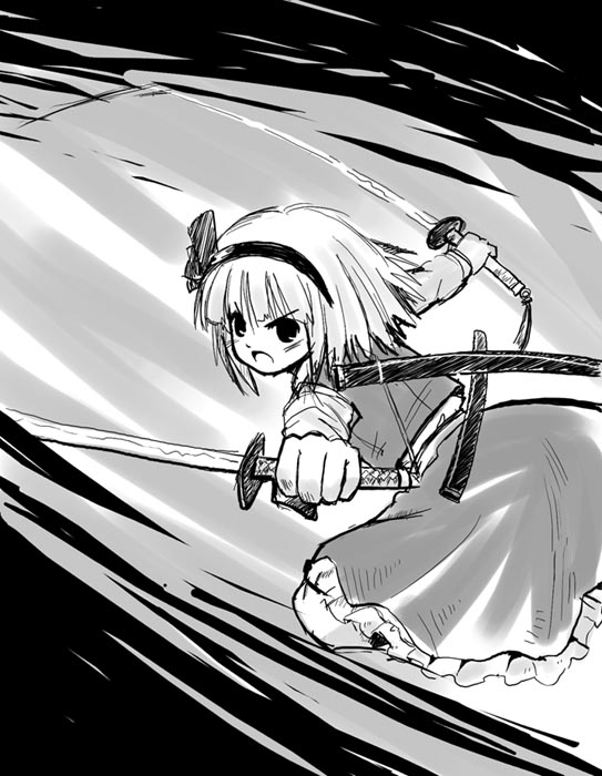 konpaku youmu, touhou, >:o, 1girl, :o, ass, bob cut, bow, dual wielding, female focus, from behind, greyscale, hair bow, hairband, holding, katana, leaning forward, looking back, monochrome, outstretched arms, running, sheath, shirt, short hair, sketch, skirt, skirt set, solo, sword, v-shaped eyebrows, vest, weapon
