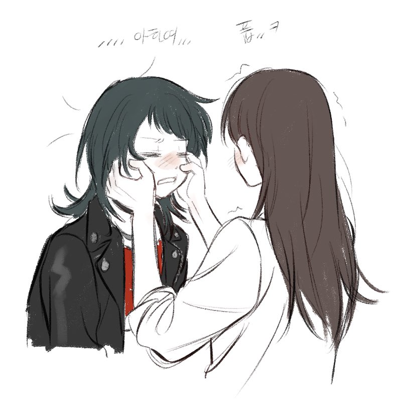 6w6uwu, shiina taki, yahata umiri, bang dream!, bang dream! it's mygo!!!!!, commentary request, korean commentary, translation request, 2girls, black choker, black hair, black jacket, blush, brown hair, cheek pull, choker, closed eyes, jacket, korean text, long hair, multiple girls, open mouth, red shirt, shirt, white jacket