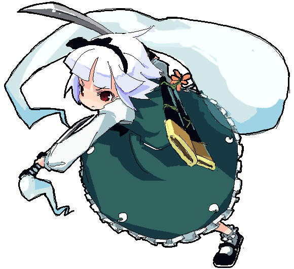 konpaku youmu, konpaku youmu (ghost), touhou, 1girl, albino, dress, female focus, frills, full body, green dress, hairband, hitodama, katana, no nose, short hair, solo, sword, transparent background, weapon, white background, white hair
