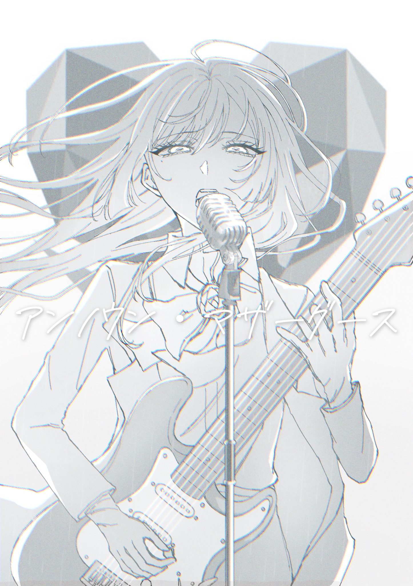 oyashirazu (adochan daisuki), chando (ado), ado (utaite), commentary request, highres, 1girl, cowboy shot, electric guitar, floating hair, greyscale, guitar, holding, holding guitar, holding instrument, holding plectrum, instrument, long hair, microphone, microphone stand, mole, mole under eye, monochrome, music, open mouth, plectrum, singing, solo, utaite