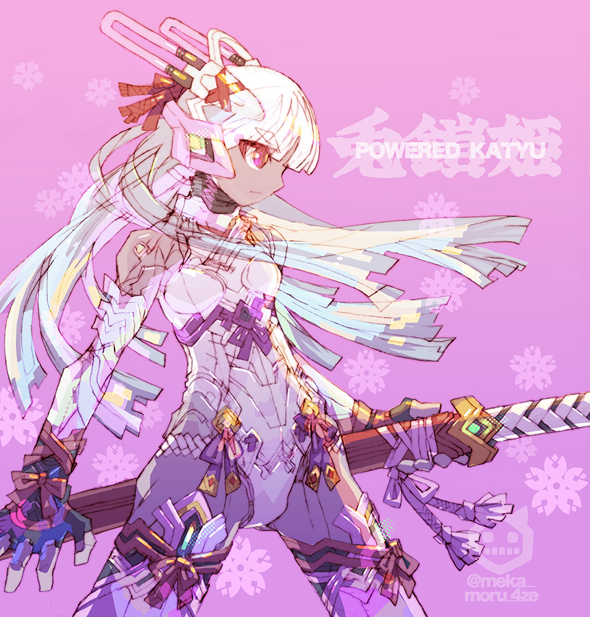nakayama tooru, character request, copyright request, 1girl, bare shoulders, bunny day, cowboy shot, dark-skinned female, dark skin, holding, holding sword, holding weapon, katana, leotard, long hair, purple background, purple eyes, solo, sword, twitter username, weapon, white hair, white leotard