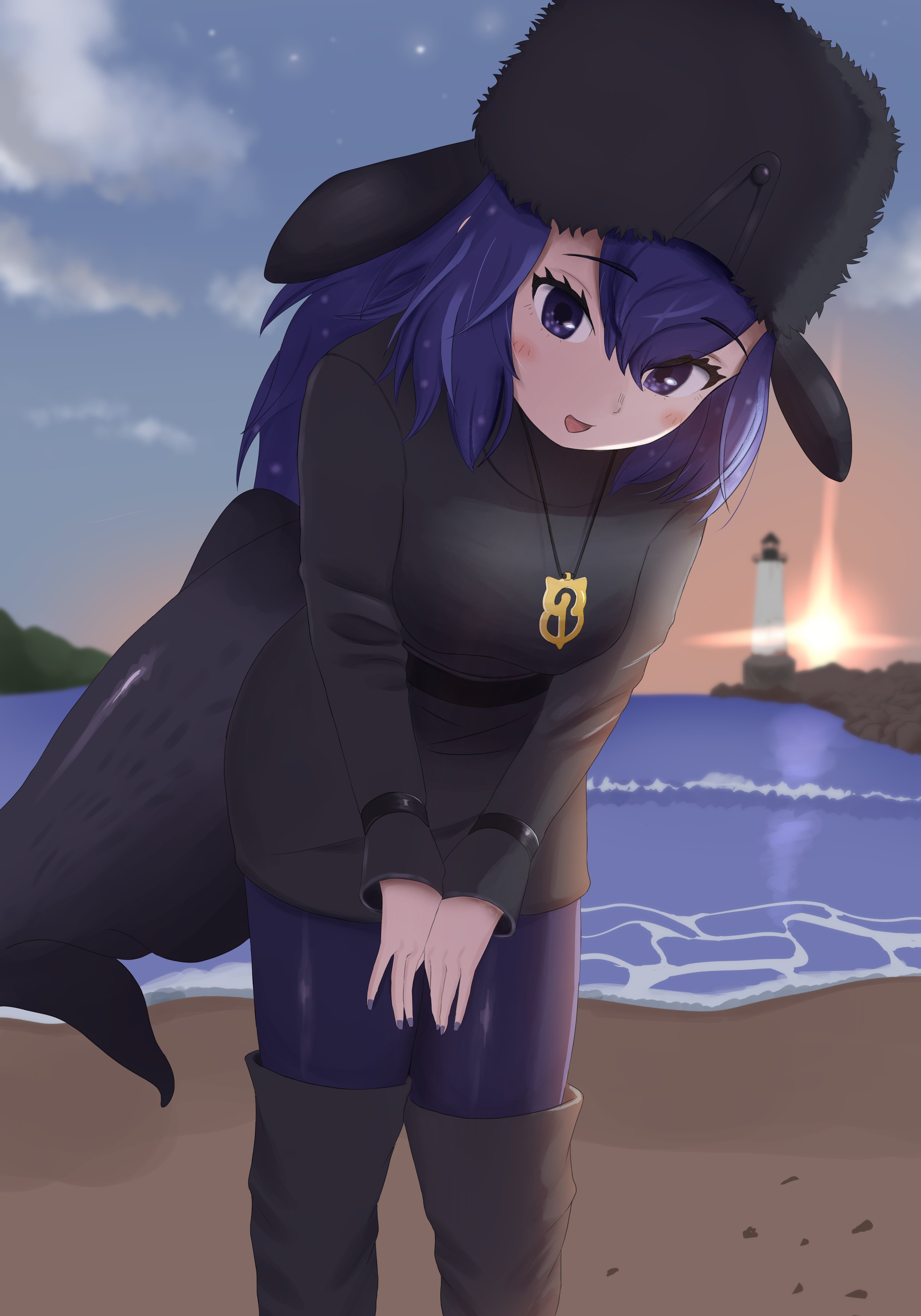 harusan adelie, kemono friends, kemono friends 3, absurdres, highres, 1girl, anchor necklace, beach, belt, bent over, black belt, black boots, black hat, black skirt, black sweater, blue eyes, blue hair, blue nails, blue pantyhose, blush, boots, cetacean tail, fins, fish tail, hair between eyes, hat, head fins, japari symbol, jewelry, lighthouse, long hair, long sleeves, looking at viewer, nail polish, necklace, pantyhose, pencil skirt, sidelocks, skirt, solo, sperm whale (kemono friends), sunset, sweater, tail, thigh boots, turtleneck, turtleneck sweater, ushanka, whale girl