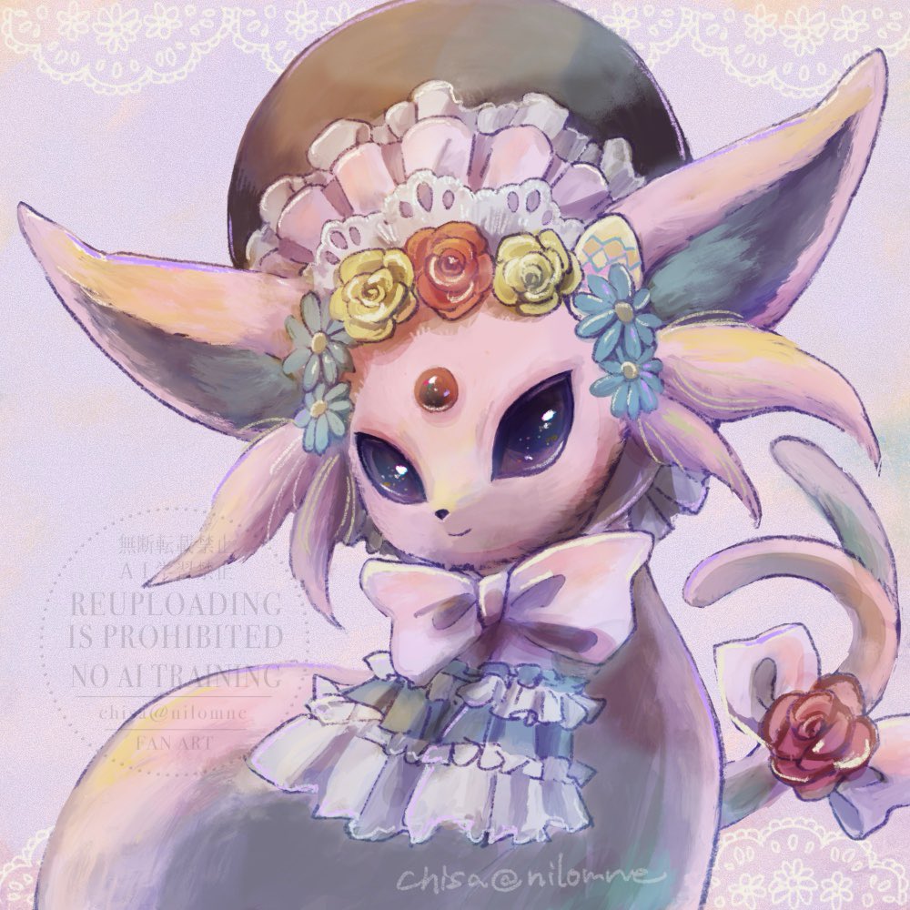 momomo12, espeon, espeon (botanical easter), nintendo, pokemon, commentary request, bow, closed mouth, flower, gen 2 pokemon, hat, no humans, pokemon (creature), purple eyes, smile, solo, tail, tail ornament, twitter username