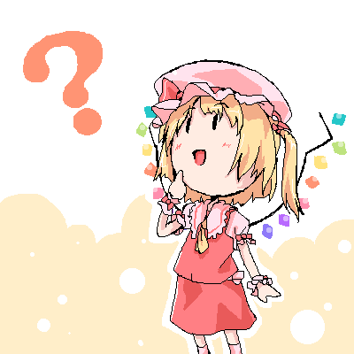 flandre scarlet, touhou, lowres, 1girl, ?, chibi, chibi only, dress, female focus, hat, mob cap, oekaki, red dress, smile, solo, wings, wrist cuffs, yellow background