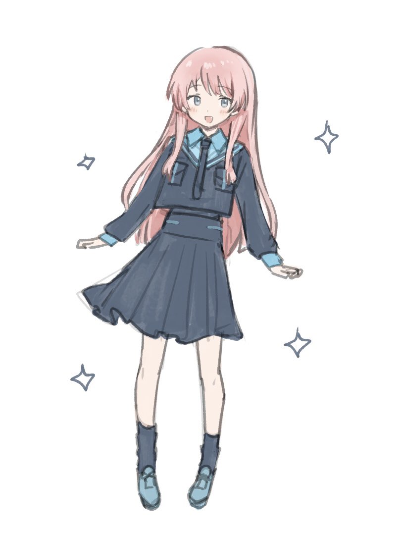 m (226mmy), chihaya anon, bang dream!, bang dream! it's mygo!!!!!, commentary request, 1girl, blue shirt, blue shoes, blue skirt, blush, fang, grey eyes, long hair, long sleeves, open mouth, pink hair, pleated skirt, shirt, shoes, simple background, skirt, solo, sparkle, white background