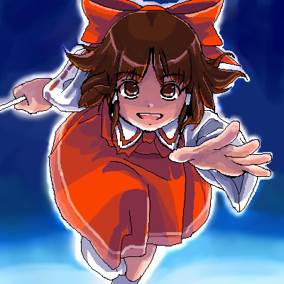 hakurei reimu, touhou, lowres, 1girl, blue background, brown eyes, brown hair, dress, female focus, flying, oekaki, outstretched hand, red dress, short hair, smile, solo