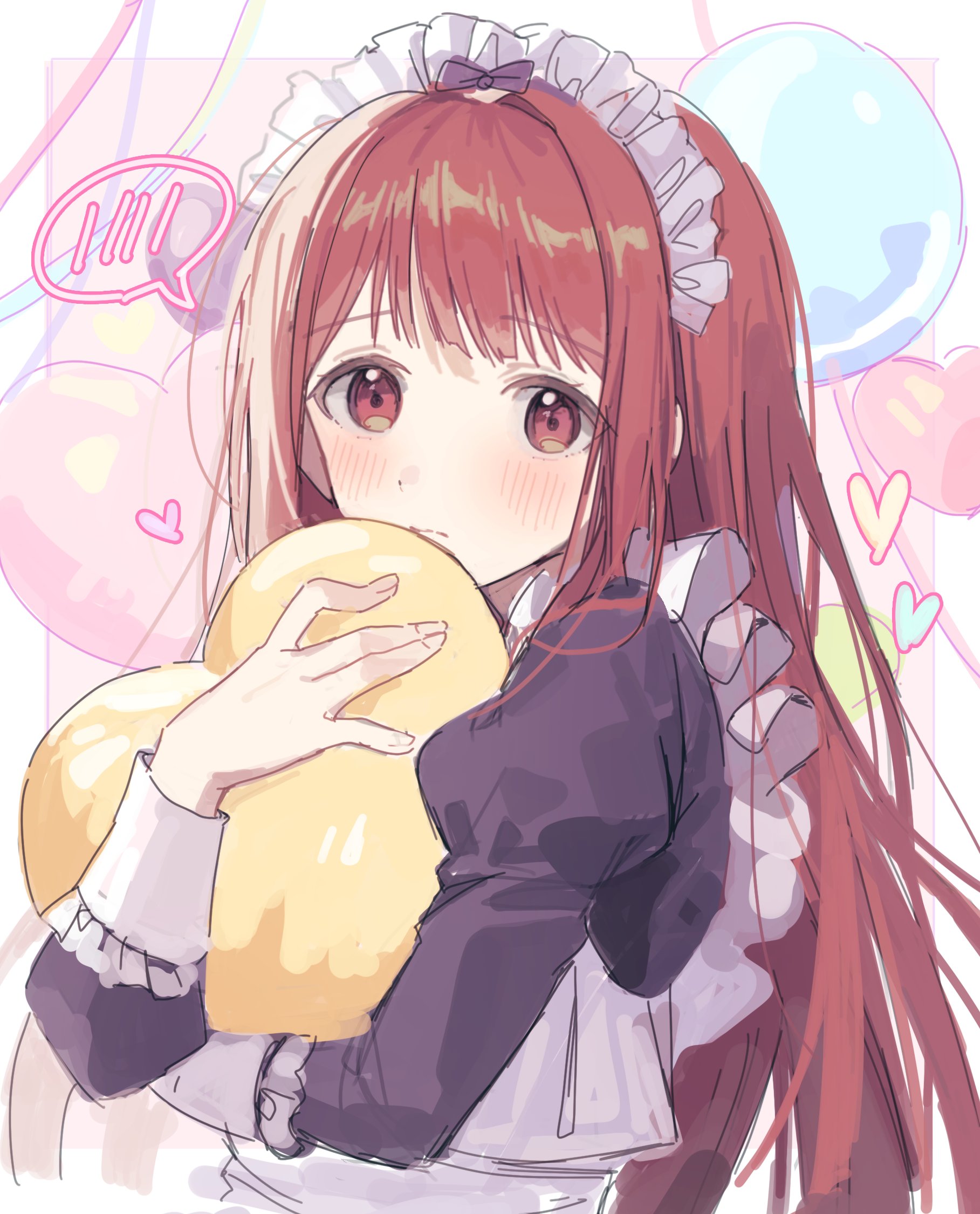 hano9789, tanaka kotoha, idolmaster, idolmaster million live!, highres, 1girl, balloon, blush, closed mouth, heart, heart balloon, holding, holding balloon, juliet sleeves, long hair, long sleeves, looking at viewer, maid, maid headdress, puffy sleeves, red eyes, red hair, solo, speech bubble, upper body